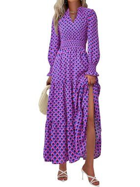 PrettyGarden Women's Plaid Blue Pink Sleeve V Neck A Line Flowy Maxi Long Dress